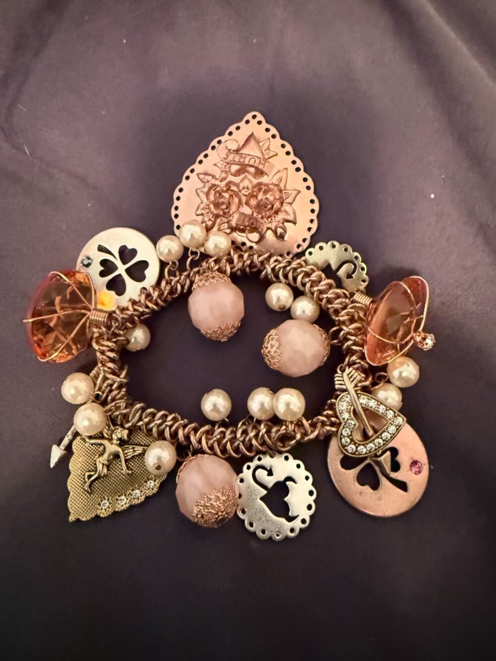 Vintage Betsey Johnson Pink Gold Charm Bracelet Faux Pearls Clover Charms